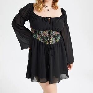 Cider Black Floral Corset Babydoll Small Sheer Long Sleeve Lace Up Peasant